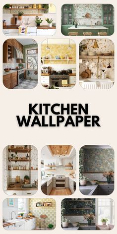 the kitchen wallpaper has many different pictures