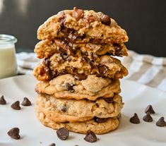 chocolate chip cookies stacked on top of each other