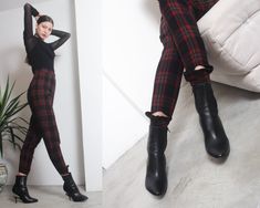 "deadstock vintage 1990s plaid high waist pants> tapered legs> fixed stirrup leg openings> side concealed zipper fastening> unlined label> not listed [ made in italy ] material> pure virgin wool size> < fit like [women's] S/ M waist> 70cm hips> 100cm length> 104cm rise> 75cm inseam> 37cm condition> excellent vintage condition> new with original tags attached | model is 174 cm [5'8\"] and measures 80-61-90 cm [31\"-24\"-35\"] |" Fitted Plaid Bottoms For Winter, High Waist Plaid Winter Pants, High-waist Plaid Winter Pants, Winter Plaid High Waist Pants, Am I In Love, Stirrup Pants, High Waist Pants, Womens Pants, Buckle Shoes