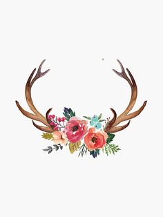 an antler with flowers and leaves on it's horns is painted in watercolor