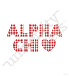 the word alphia chi in red and white gingham checkered fabric