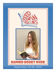 a woman reading a book with the words banned books week