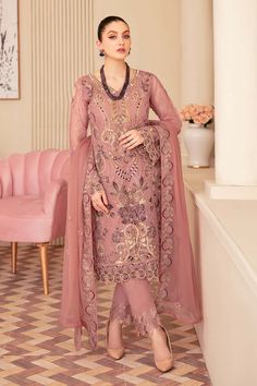 Ramsha Minhal M-605 Pakistani Designer Clothes, Organza Sleeves, Indian Salwar Kameez, Pakistani Salwar Kameez, Chiffon Collection, Silk Trousers, Pakistani Designers, Pakistani Suits, Fabric Stores Online