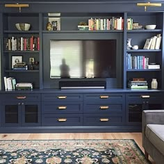 a living room with blue bookcases and a rug