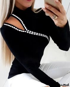 Color: black, Size: S Cold Shoulder Jumper, Detail Couture, Patchwork Fashion, High Neck Long Sleeve, Style Noir, Simple Shirts, Round Neck Tops, Trend Fashion, Women Shirts Blouse