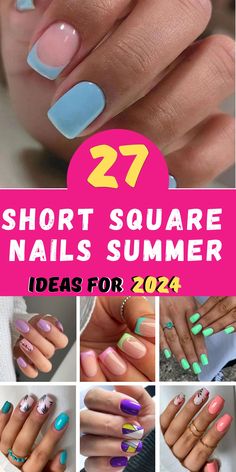 Discover the latest trends in short square nails for summer! From cute pink designs to trendy gel ideas, we`ve got you covered with stylish inspirations to try. Simple Summer Nails Ideas, Nail Colors For Short Nails Summer, Short Squared Summer Nails, June Nails Ideas 2024 Square, Short Cute Summer Nails, Short Square Summer Nails 2024, Beach Nails Vacation Simple Square, Fun Summer Nails Square, Trendy Summer Nails 2024 Square