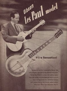 an advertisement for gibson les paul model, featuring a man playing the ukulele