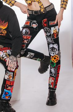 Zillakami Pants, Graphic Print Cotton Bottoms For Alternative Fashion, Edgy Patchwork Cotton Bottoms, Cotton Patchwork Pants For Streetwear, Edgy Patchwork Bottoms For Streetwear, Multicolor Cotton Pants With Graphic Print, Multicolor Graphic Print Cotton Pants, Black Patchwork Bottoms For Festival, Retro Cotton Bottoms With Patches