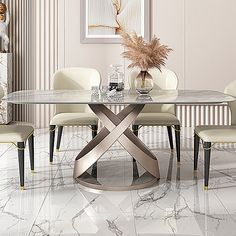 a dining room table with chairs and a vase on the top, in front of a marble floor