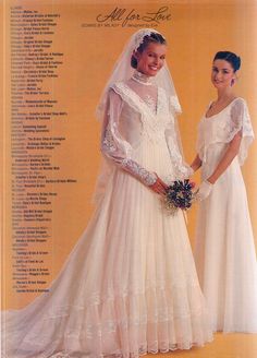 two brides in wedding gowns and veils posing for a magazine advert