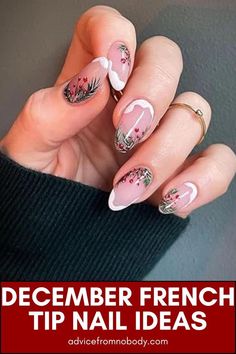 Girly Holiday Nails, Christmas French Tip Nail Designs, Minimalist Christmas Nail Design, Simple Christmas Nails French Tips, Acrylic Nail Designs Christmas, Subtle French Tip, December Nails Almond, Holiday French Nails, Holiday French Manicure