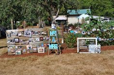 an outdoor garden area with various items on display