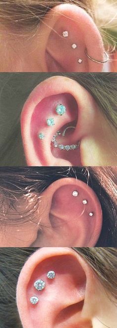 three different views of an ear with piercings