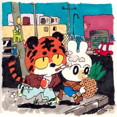 two cartoon characters are walking down the street with pineapples in their hand and one is wearing a tiger costume