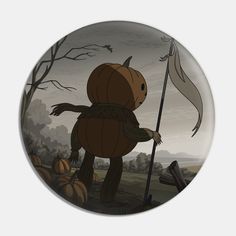 a cartoon character holding a flag in front of a forest with pumpkins on it