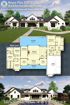 two story house plan with pool and covered porch, large front yard and lots of windows