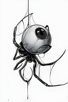 a black and white drawing of a spider hanging from a wire with its eyes open