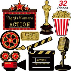 PRICES MAY VARY. Pack content: the red carpet cards featuring red, black and golden involves 8 various patters including microphone, trophy, popcorn, kinetoscope film, film clapboard, movie ticket and so on; Each pattern has 4 pieces and 32 pieces in total; You can mix and match them at prom, party, etc. creating impressive atmosphere Quality material: party cards are made of 250 g cardboard in double-side printing with a photo-like shine, making it durable, vibrant and colorfast without toxic a Movie Theme Decor, Red Carpet Party Decorations, Movie Theme Decorations, Movie Party Decorations