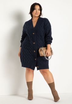 Novelty Stitch Cardigan Sweater Dress Navy Sweater Dress, Eloquii Dress, Cardigan Dress, Fitted Cardigan, Chic Sweaters, Cardigan Sweater Dress, Moda Plus, Navy Sweaters, Knit Midi Dress