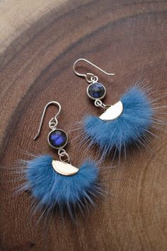 the earrings are made with blue fur and silver findings