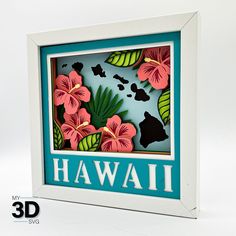 a card with flowers cut out of it and the words hawaii printed in white letters