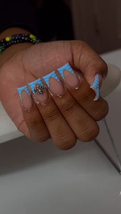 Blue French Tip Nails With Charms, Nail Ideas Short French Tips, Coffin Nail Ideas Short, Blue Nails With Charms, Blue Short Acrylic Nails, Cute Short Nail Sets, Purple Acrylic Nails, Acrylic Nail Set, Hard Nails