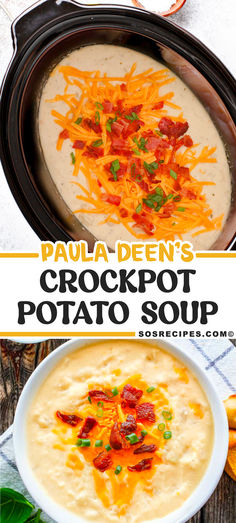 this is an image of a bowl of crockpot potato soup with bacon and cheese