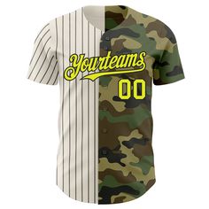 a camo baseball jersey with the words, yourteams 00 in yellow on it