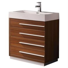 With clean lines and trendy offset brushed pulls, this stylish bathroom cabinet with a tall profile sink adds a touch of design elegance to any home. With four spacious soft closing drawers, the sleek Fresca Livello cabinet instantly updates tired decor. With a rich Teak finish, this cabinet is a must-have for a modern or traditional bathroom. This Fresca Livello Modern Bathroom Cabinet measures 30" in width and also comes in a 24" width. It is available in the elegant finishes of Black, Gray Oa Modern Bathroom Cabinet, Teak Vanity, Custom Bathroom Vanity, Narrow Bathroom, Modern Bathroom Cabinets, Integrated Sink, Floating Bathroom Vanity, Bathroom Furniture Vanity, Single Sink Vanity