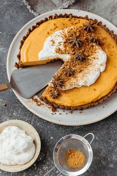 there is a pie on the plate with whipped cream and cinnamon sprinkles