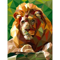 a lion made up of triangles is shown in this colorful art print by artist mark taylor