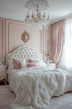 a white bed sitting in a bedroom next to a chandelier and window with pink drapes