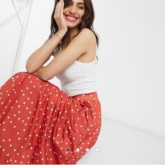 This Skirt, A Testament To Asos's Flair For Accessible Fashion, Boasts A Delightful White Polka Dot Motif Set Against A Backdrop Of Autumnal Rust. The High-Rise Silhouette Cinches At The Waist, Embracing Your Figure With An Elasticated Ease That Promises Both Allure And Comfort. Condition: Brand New, An Untouched Gem Without Tags. Size: Tailored For A Uk 4 / Eu 32 / Us 0, With A Flexible Waist Measuring Approximately 22", Extending Gracefully To A Midi Length Of 32.75". Pockets: Functional Deep Vintage Style Blouses, Midi Skirt With Pockets, Skirt With Pockets, Chunky Knits Sweater, Wide Brimmed Hats, Skirts With Pockets, Latest Fashion Clothes, Floral Skirt, Latest Fashion Trends