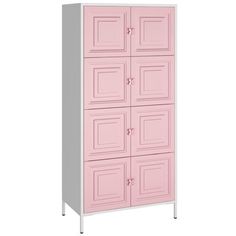 a pink and white cabinet with four doors