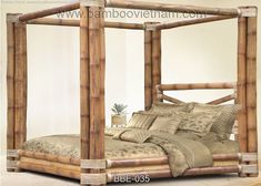 a bed made out of bamboo with pillows