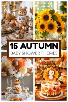 autumn baby shower themes with sunflowers, balloons and other items for the party