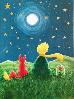 a painting of a boy and his dog sitting in the grass at night with stars