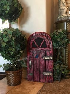 two potted plants next to a red door on the floor in front of a mirror