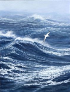 a painting of a bird flying over the ocean