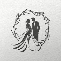 the silhouette of a bride and groom in a circular frame with leaves on it's side