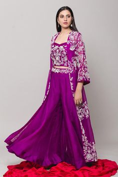 Buy Surbhi shah Purple Pure Organza Embroidered Jacket And Skirt Set Online | Aza Fashions Jacket And Skirt Set, Organza Embroidery, Purple Jacket, Embroidery Floral, Indian Clothing, Pattern Embroidery, Floral Jacket, Green Outfit, Embroidered Jacket