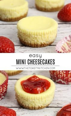 mini cheesecakes with strawberry filling on top and in the background, there are strawberries