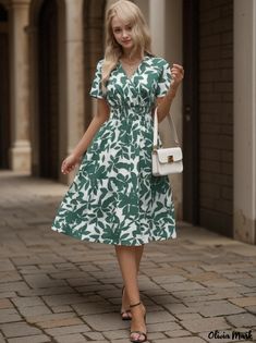 Olivia Mark - Short Sleeve Dress with Tree Leaf Print and A-line Hem, Cinched Waist Casual A-line Midi Dress With Pleated Waist, Casual Fit And Flare Midi Dress For Garden Party, Casual Green Midi Dress With Pleated Waist, Casual A-line Dress With Pleated Waist, Casual A-line Lined Dresses, Vacation A-line Pleated Dress, Casual Fit And Flare Lined Midi Dress, Casual A-line Midi Dress, Pleated A-line Midi Dress For Vacation