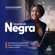 a woman sitting in front of a laptop computer on top of a blue cover with the words negra