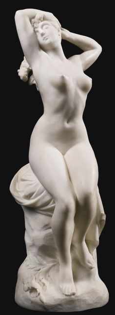 a white statue is sitting on top of a black background and has her hands behind her head