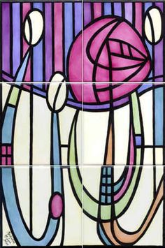 an artistic stained glass window with flowers and geometric shapes in purple, blue, green, pink