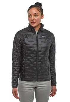 The down versus synthetic debate is over. This Patagonia Women's Micro Puff® Jacket in Black delivers the best of both worlds with a revolutionary, feather-soft synthetic insulation that has an unprecedented warmth-to-weight ratio. Ultralight nylon ripstop Pertex Quantum® shell is water-resistant, windproof and treated with a DWR (durable water repellent) finish Revolutionary PlumaFill insulation replicates the structure of down in a continuous synthetic insulation material, offering the warmth, Insulated Jacket Women, Patagonia Nano Puff, Puff Jacket, Skateboarder, Snow Jacket, Snow Pants, Body Heat, Patagonia Womens, Hand Warmers