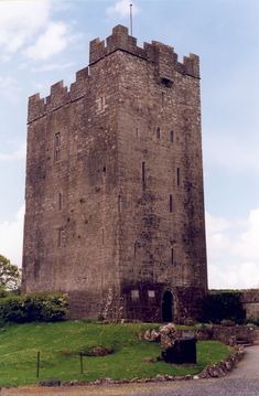 an old stone castle with a flag on it's top and green grass below