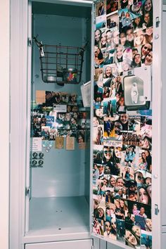 an open refrigerator with pictures and magnets on it