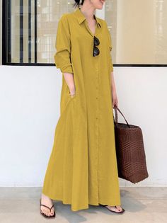 Sku CY-!84457 Material Polyester , 70%Cotton Style Long Sleeves Feature Breathable , Solid Color Neckline Lapel Occasion Casual , Urban Seasons Spring , Summer Type Maxi Dresses Color GREEN,NAVY BLUE,WINE RED Size S,M,L,XL,2XL,3XL,4XL,5XL Please consult the size chart we provide for this item's measurements to help you decide which size to buy.Please note: There may be 1-3cm differ due to manual measurement. CMINCH Bust Waist Shoulder Sleeve Length S 103 106 46 57 135 M 108 111 48 57 136 L 113 116 50 57 138 XL 118 121 52 58 139 2XL 123 126 54 58 141 3XL 128 131 56 58 142 4XL 133 136 58 59 144 5XL 138 141 60 59 145 How To Dress In Your 70's, Elegant Shirt Dress, Comfortable Maxi Dresses, Button Maxi Dress, Chic Maxi Dresses, Cotton Long Dress, Linen Maxi Dress, Stylish Clothes For Women, Stylish Clothes